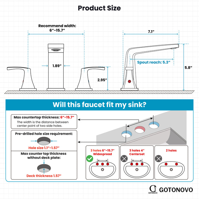 gotonovo Bathroom Sink Faucet 3 Holes 2 Handles Widespread 8 Inch Bathroom Faucet with Pop Up Drain Hot Cold Water Supply Lines Lavatory Vanity Mixer Tap, Thin Style