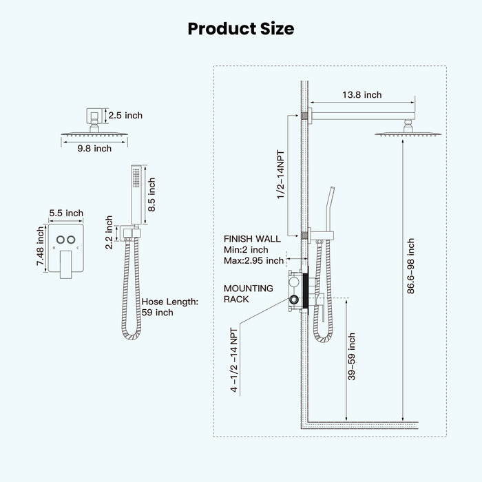 gotonovo Shower Faucet Set Push Button Diverter Rainfall Shower Head and Handheld Set Bathroom System Wall Mounted