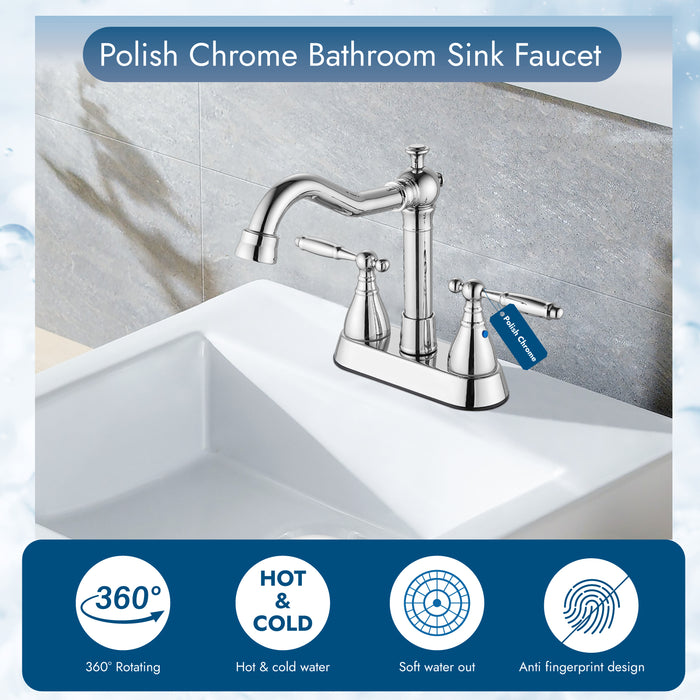 Deck Mount 4 Inch Centerset Bathroom Faucet Double Handles Vanity Sink Faucet Swivel Spout Mixer Tap with Pop up Drain, Long Neck