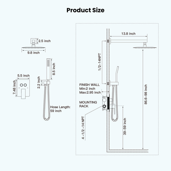 gotonovo Shower Faucet Set Push Button Diverter Rainfall Shower Head and Handheld Set Bathroom System Wall Mounted