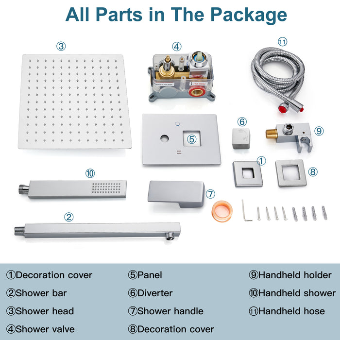 gotonovo Square 12 inch regendouchekop drukbalans douchesysteem wandgemonteerde douchekraan complete set met handsproeier inbegrepen ruw ventiellichaam en bekleding 