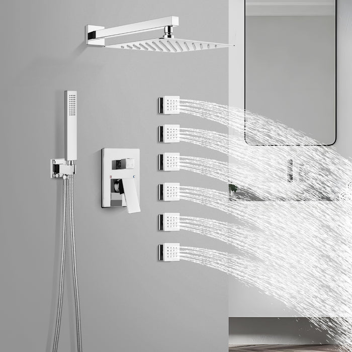 gotonovo Shower Faucet with Full Body Jets Rain Mixer 12 inch Rainfall Shower Head and Handheld Spray Combo Wall Mounted Rough-in Valve and Trim Included with 6pcs Body Message Jets