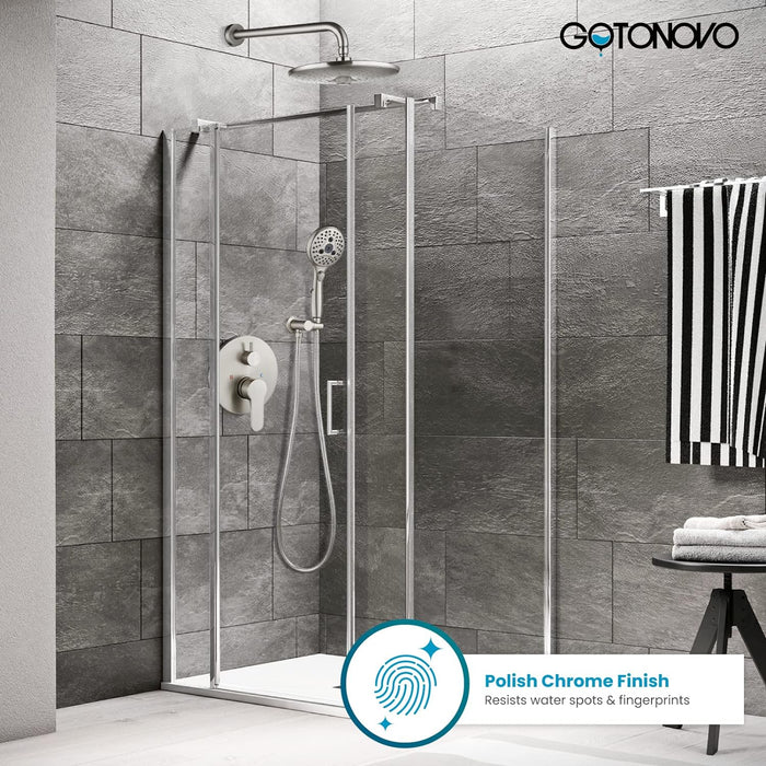 gotonovo Shower Trim Kit 10 inch 3 Modes Round Rainfall Shower Head Wall Mounted 6-Functions ABS Handheld Spray Shower System Pressure Balanced Rough-in Valve and Trim Included