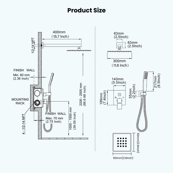 gotonovo Shower Faucet with Full Body Jets Rain Mixer 12 inch Rainfall Shower Head and Handheld Spray Combo Wall Mounted Rough-in Valve and Trim Included with 6pcs Body Message Jets