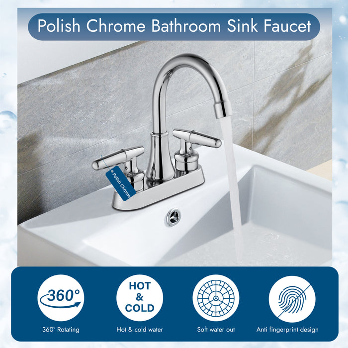 Bathroom Sink Faucet 4 Inch 2 Handle Lavatory Bathroom Vanity Faucets 360 Degree Swivel Spout Modern Deck Mount RV Bathroom Sink Faucet with Pop up Drain