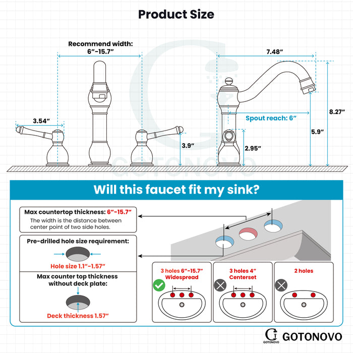 gotonovo 8 Inch Widespread Bathroom Faucets for Sink 3 Hole 2 Lever Handle Deck Mount with Pop Up Drain Hot and Cold Water Supply Lines