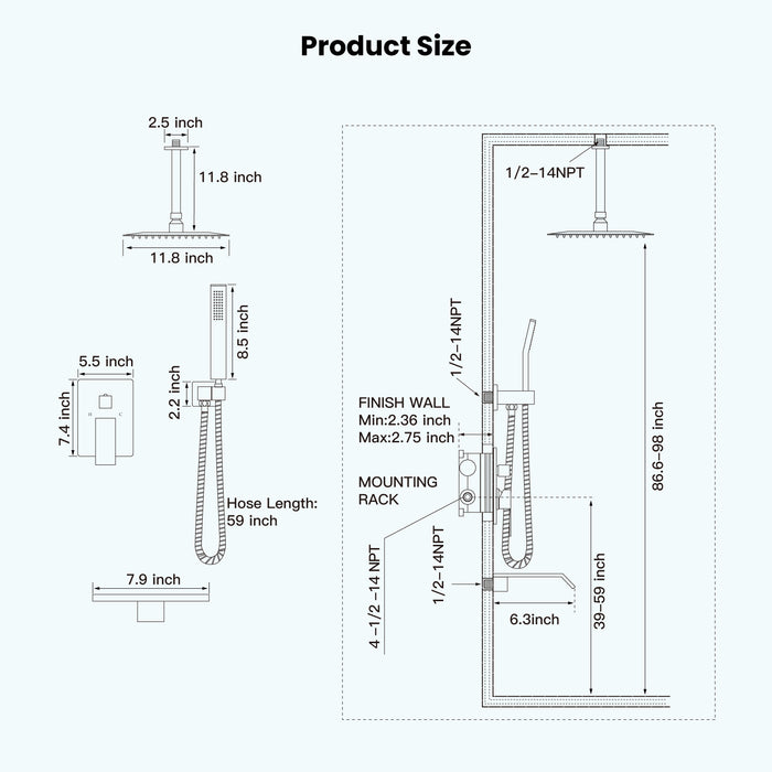 gotonovo 12 Inch Rain Mixer Shower Faucet Set with Waterfall Tub Spout Ceiling Mount with Handheld Spray Pressure Balance Rough-in Valve and Trim Included