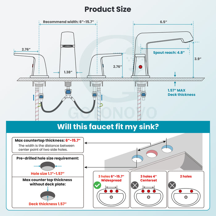 gotonovo Bathroom Sink Faucet 3 Holes 2 Handles Widespread 8 Inch Bath Faucet with Pop Up Drain Hot Cold Water Supply Lines Lavatory Vanity Faucet Set Thick 7 Head