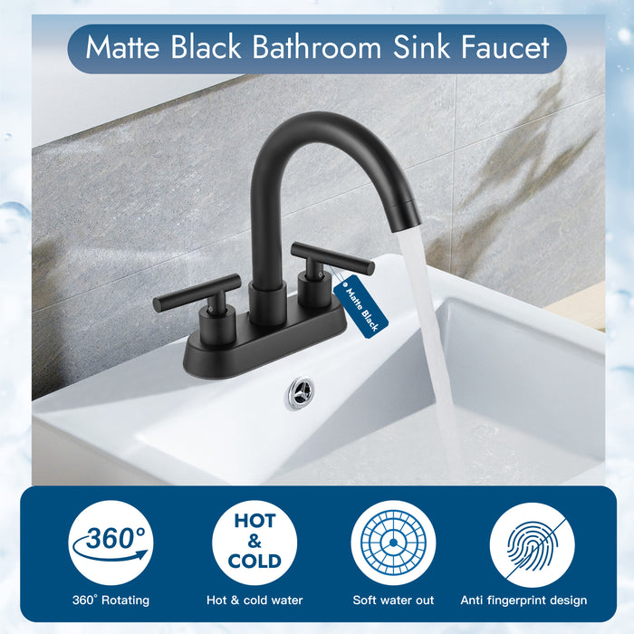 4 Inch Centerset Bathroom Sink Faucet Stainless Steel Deck Mount Double Handles Swivel Spout Mixer Tap with Pop-up Drain Lavatory Bathroom Vanity Faucets