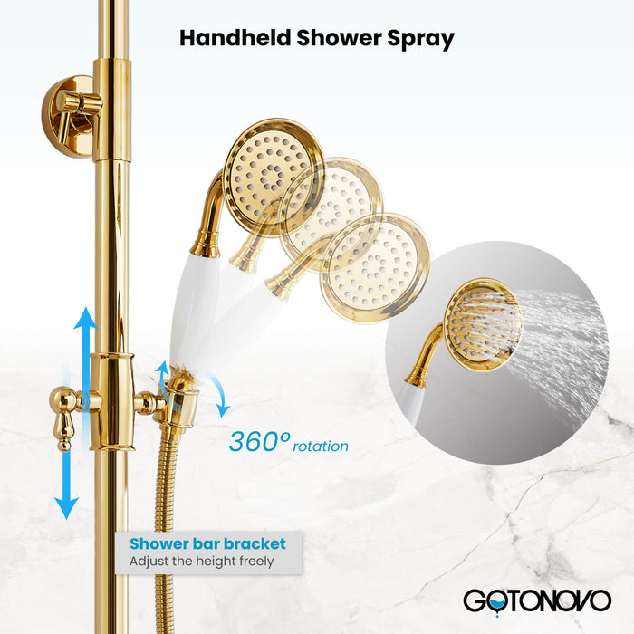 Gotonovo Exposed Shower System 8 Inch Rainfall Shower Head with Tub Spout and Handheld Spray Dual Cross Handle Bathroom Shower Faucet Wall Mount