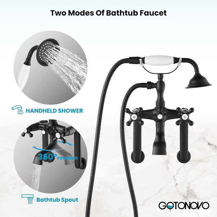 gotonovo Vintage Wall Mount Clawfoot Bathtub Faucet 1.8-17.4Inch Adjustable Center Double cross Handle Shower Faucet System Telephone Shape with Lengthen Adapter Adjustable Swing Arms