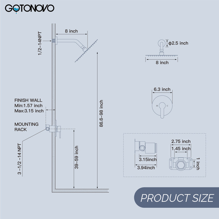 gotonovo Shower Faucet Set, Single Function Shower Trim Kit, Wall Mount 8 Inch Round Rainfall Shower Head and Handle Set, Single Handle Shower System Set Rough-in Valve