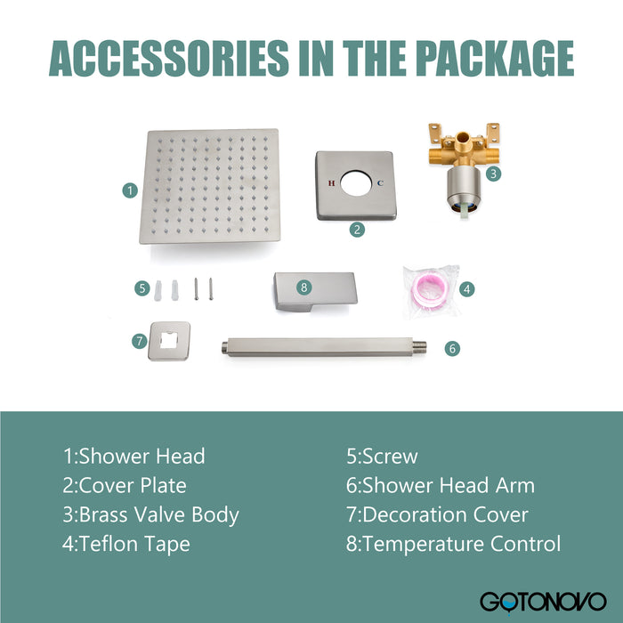 gotonovo Shower Trim Kit 10 Inch Square SUS304 Rainfall Shower Head and One Handle System 1 Function Mixer Shower Faucet Set with Rough-in Valve Male Thread