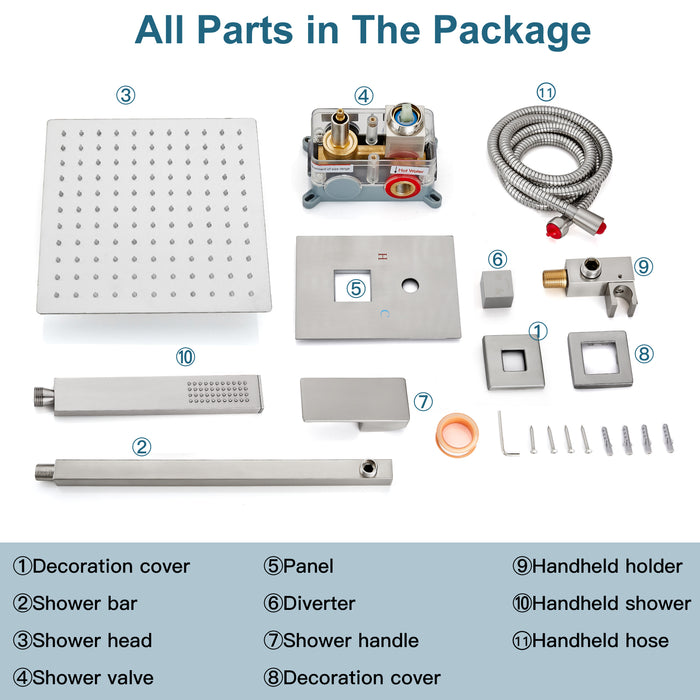 gotonovo Square 12 inch regendouchekop drukbalans douchesysteem wandgemonteerde douchekraan complete set met handsproeier inbegrepen ruw ventiellichaam en bekleding 