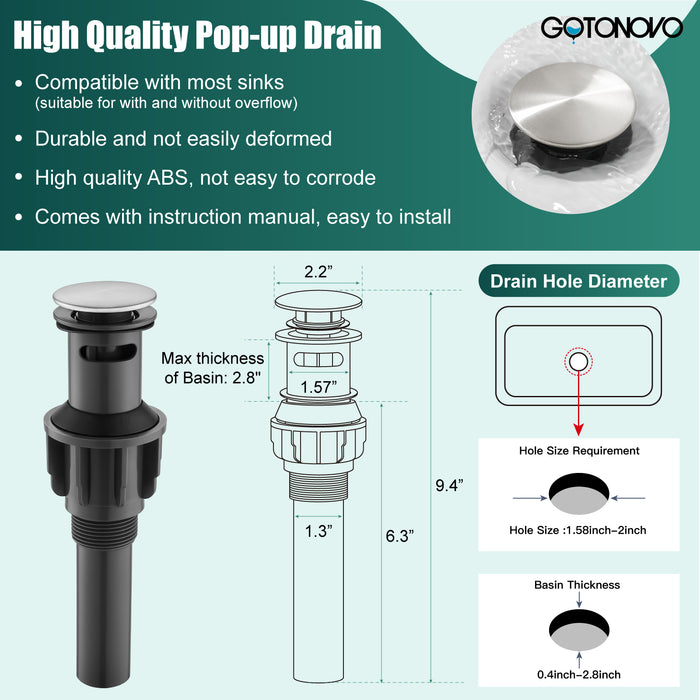 gotonovo Bathroom Sink Faucet Brass Bathroom Faucet Single Hole One Handle with Overflow Pop Up Drain Assembly Deck Mount Lavatory Vanity Mixer Tap with Panel