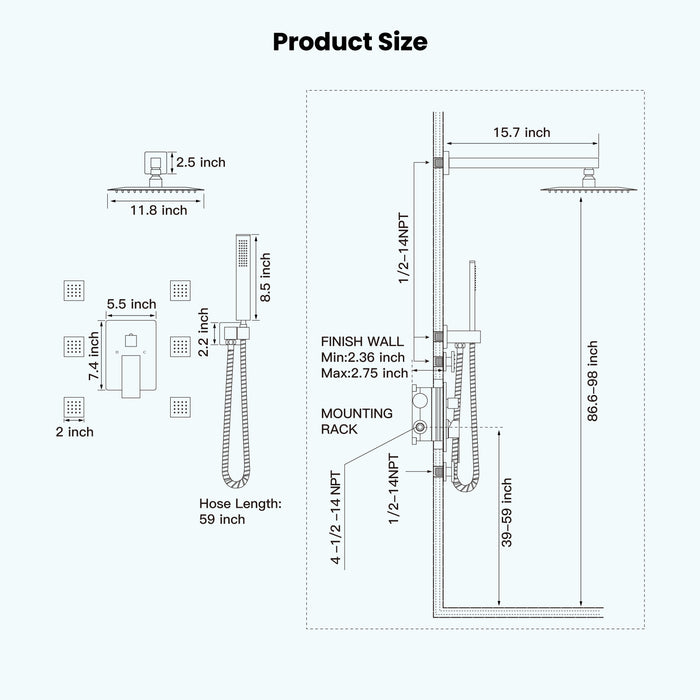 gotonovo Shower Faucet with Full Body Jets Rain Mixer 12 inch Rainfall Shower Head and Handheld Spray Combo Wall Mounted Rough-in Valve and Trim Included with 6pcs Body Message Jets