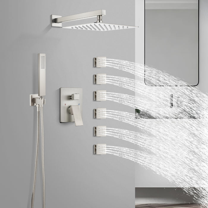 gotonovo Shower Faucet with Full Body Jets Rain Mixer 12 inch Rainfall Shower Head and Handheld Spray Combo Wall Mounted Rough-in Valve and Trim Included with 6pcs Body Message Jets