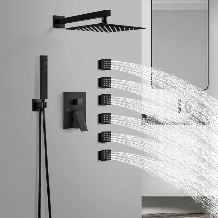 gotonovo Shower Faucet with Full Body Jets Rain Mixer 12 inch Rainfall Shower Head and Handheld Spray Combo Wall Mounted Rough-in Valve and Trim Included with 6pcs Body Message Jets