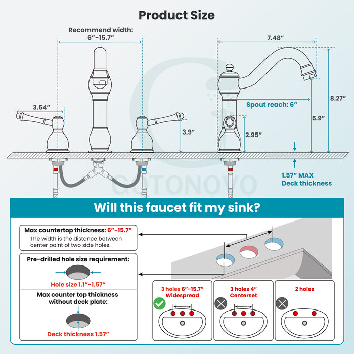 gotonovo 8 Inch Widespread Bathroom Faucets for Sink 3 Hole 2 Lever Handle Deck Mount with Pop Up Drain Assembly with Hot and Cold Water Supply Lines