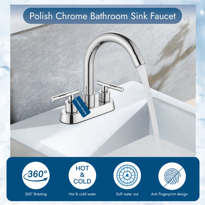 4 Inch Centerset Bathroom Sink Faucet Stainless Steel Deck Mount Double Handles Swivel Spout Mixer Tap with Pop-up Drain Lavatory Bathroom Vanity Faucets