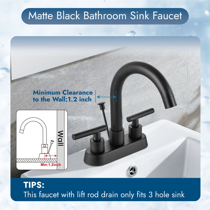 4 Inch Centerset Bathroom Faucets with Lift Rod Drain Stopper Bathroom Sink Faucet 3 Holes Dual Handle Vanity Faucet 360° Swivel Spout Lavatory RV Faucet Mixer Tap