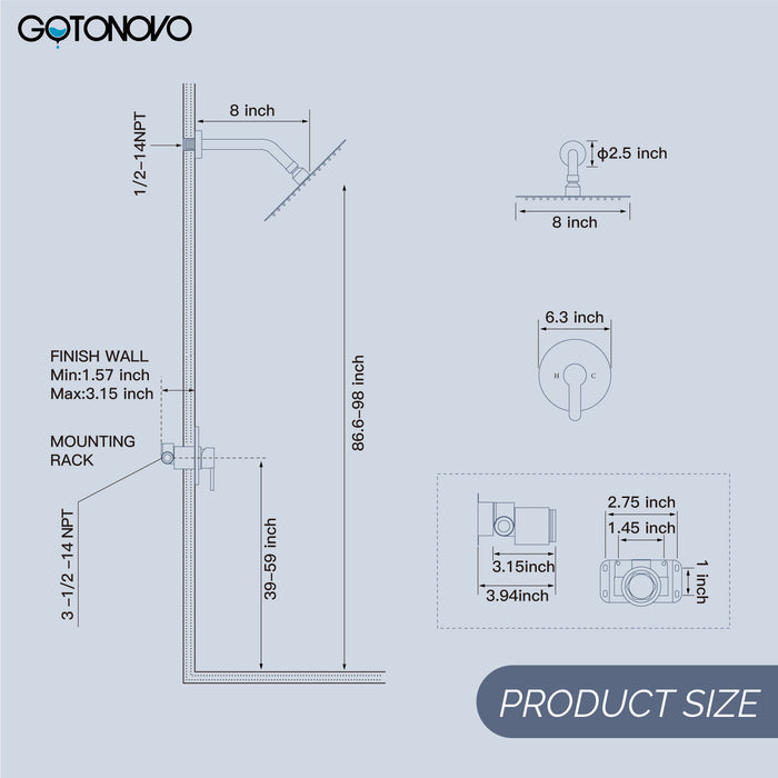 gotonovo Shower Faucet Set, Single Function Shower Trim Kit, Wall Mount 8 Inch Round Rainfall Shower Head and Handle Set, Single Handle Shower System Set Rough-in Valve