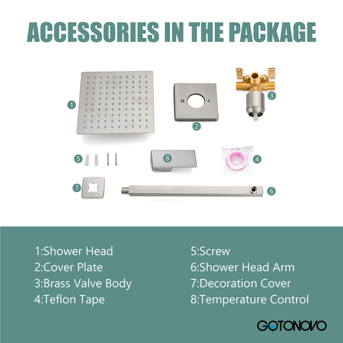 gotonovo Shower Trim Kit 10 Inch Square SUS304 Rainfall Shower Head and One Handle System 1 Function Mixer Shower Faucet Set with Rough-in Valve Male Thread