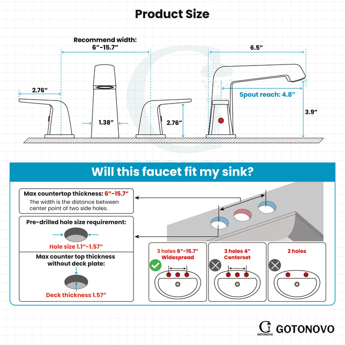 gotonovo Bathroom Sink Faucet 3 Holes 2 Handles Widespread 8 Inch Bathroom Faucet with Pop Up Drain Hot Cold Water Supply Lines Lavatory Vanity Mixer Tap, Thick Style