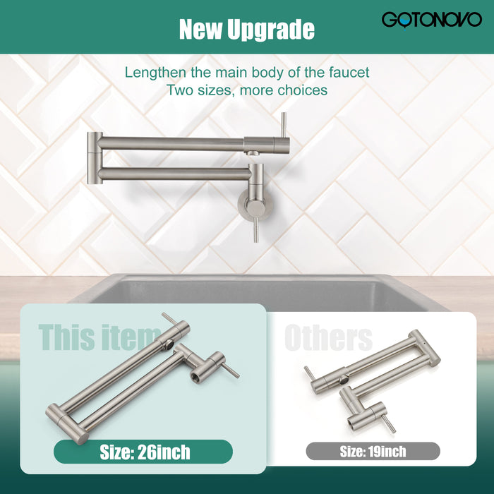gotonovo Pot Filler 24" Wall Mount Folding Stretchable Kitchen Restaurant Faucet Stainless Steel Potfiller with Double Joint Swing Arm Single Hole Two Handles 1/2NPT Male