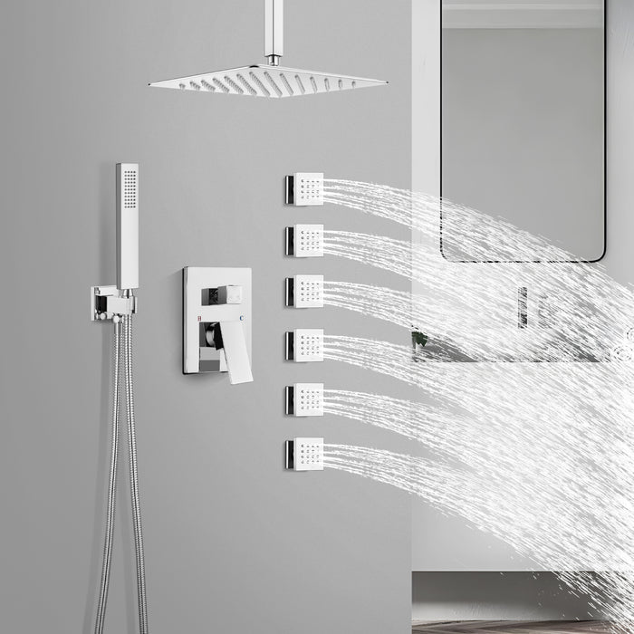 gotonovo 12 inch Ceiling Mount Rain Shower Faucet Set with 6 Body Spray Jets Rainfall Shower Head and Handheld Sprayer Multi Shower System Rough-in Valve and Trim Included Chrome Polished