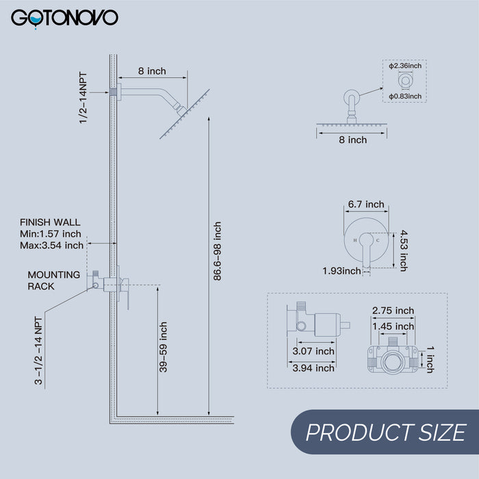 gotonovo Shower Faucet Set, Single Function Shower Trim Kit, Wall Mount 8 Inch Round Rainfall Shower Head and Handle Set, Single Handle Shower System Set Rough-in Valve