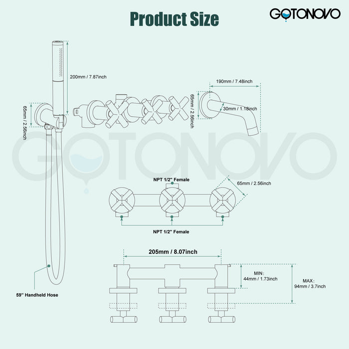 gotonovo Wall Mount Bathtub Faucet Bathroom Tub Filler Faucet with Handheld Shower High Flow Bathtub Spout with 3 Handles Shower Trim kit Hand Held Sprayer 2 Function Bath Fixtures