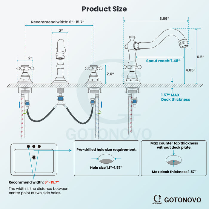 gotonovo Bathroom Sink Faucet Deck Mount Widespread Double Mixing Tap Cross Knobs 3 Hole with Pop Up Drain