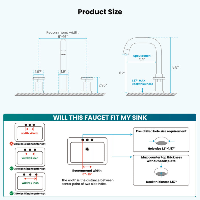gotonovo 8 inch Widespread 3 Hole Bathroom Sink Faucet,2 Cross Handle Vanity Faucet Deck Mount Basin for Bathroom Sink 360° Swivel Spout with Pop Up Drain