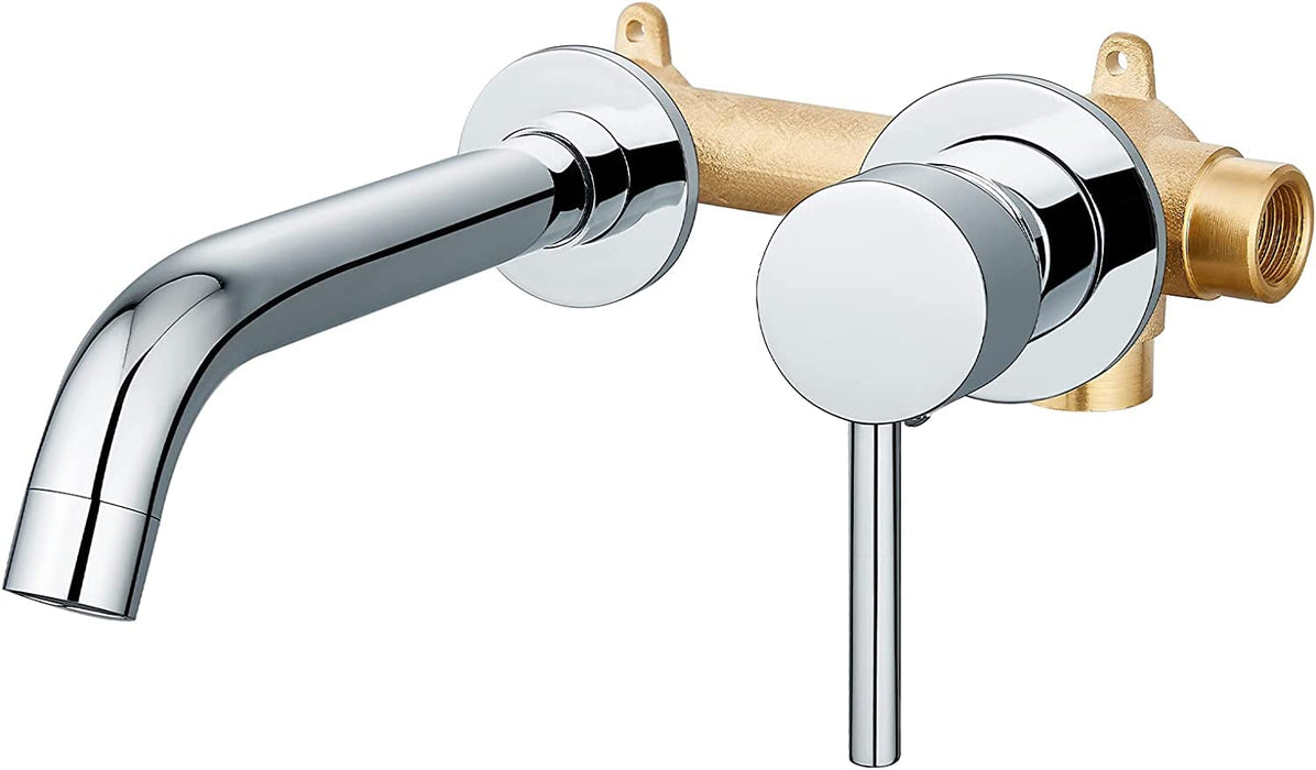 gotonovo Contemporary Bathroom Tub Filler Faucet Single Lever Handle Wall Mounted Long Spout Reach Faucet Solid Brass Rough in Valve Wall Bathtub Faucet