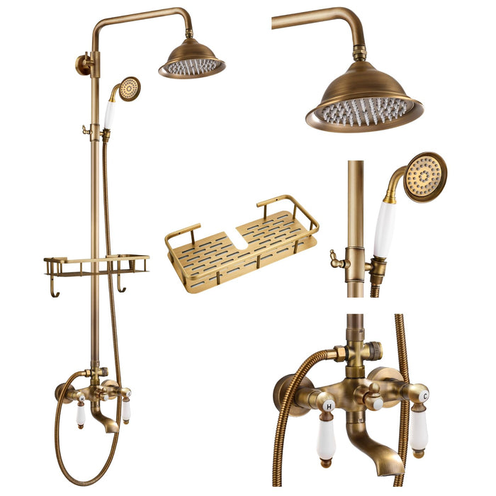 gotonovo Antique Brass Exposed Bathroom Shower Faucet with Shower Shelf 8 inch Rain Shower Head Wall Mounted Double Lever Handles Shower Shower System with Handheld Sprayer 3 Function with Tub Spout