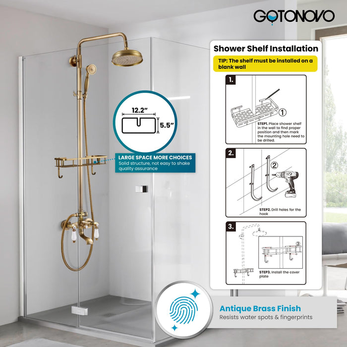 gotonovo Antique Brass Exposed Bathroom Shower Faucet with Shower Shelf 8 inch Rainfall Shower Head Wall Mounted Double Lever Handle Adjustable Handheld Sprayer Shower System 3-Function with Tub Spout
