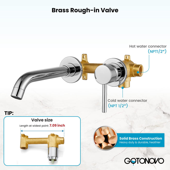 gotonovo Contemporary Bathroom Tub Filler Faucet Single Lever Handle Wall Mounted Long Spout Reach Faucet Solid Brass Rough in Valve Wall Bathtub Faucet