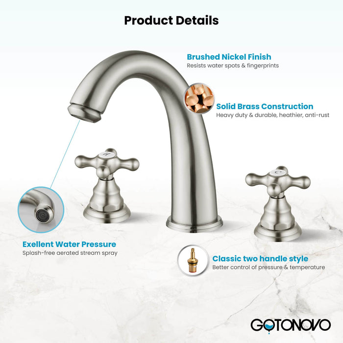 gotonovo  Widespread Bathroom Faucet 8 inch Deck Mount 3 Hole Victorian Style with Dual Cross Knobs Sink Mixer Tap with Pop Up Drain