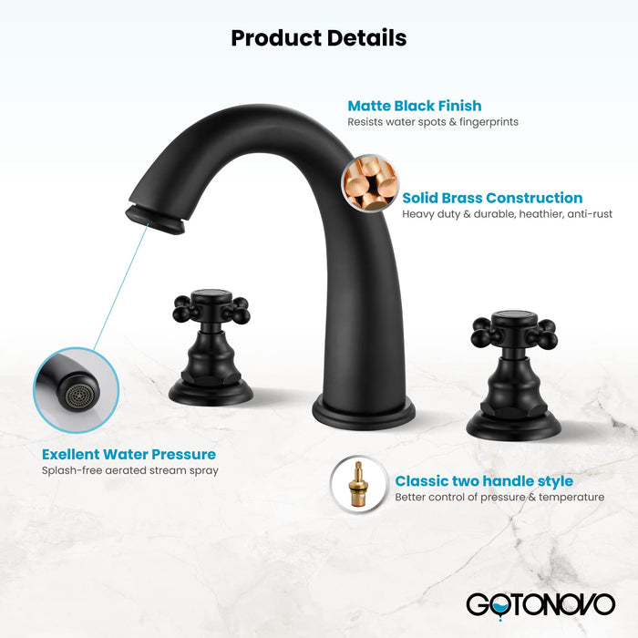 gotonovo  Widespread Bathroom Faucet 8 inch Deck Mount 3 Hole Victorian Style with Dual Cross Knobs Sink Mixer Tap with Pop Up Drain