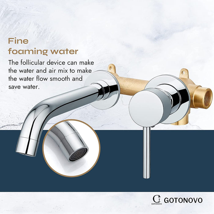 gotonovo Contemporary Bathroom Tub Filler Faucet Single Lever Handle Wall Mounted Long Spout Reach Faucet Solid Brass Rough in Valve Wall Bathtub Faucet