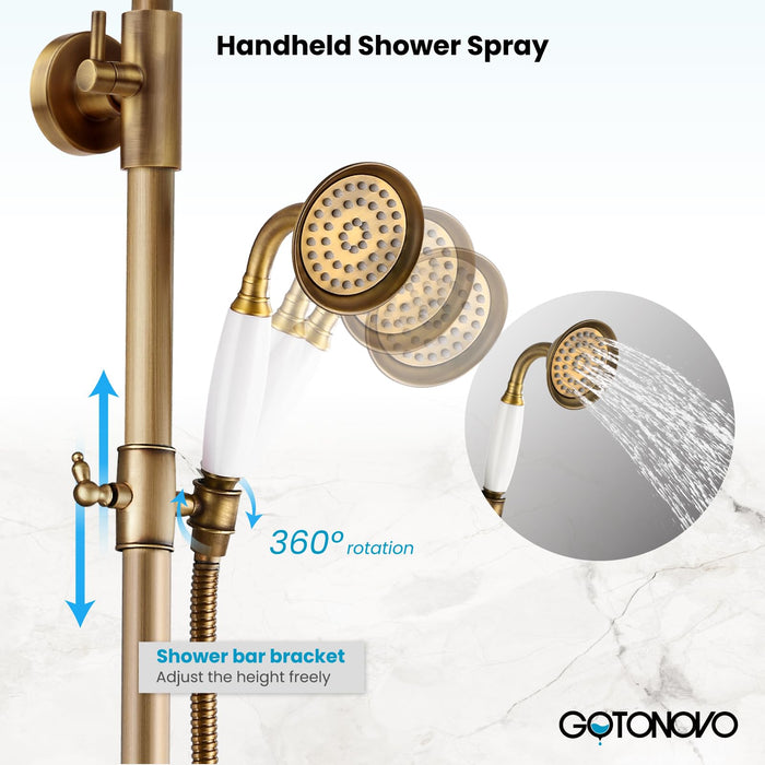 gotonovo Antique Brass Exposed Bathroom Shower Faucet with Shower Shelf 8 inch Rain Shower Head Wall Mounted Double Lever Handles Shower Shower System with Handheld Sprayer 3 Function with Tub Spout