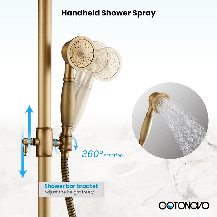 gotonovo Antique Brass Exposed Bathroom Shower Faucet with Shower Shelf 8 inch Rainfall Shower Head Wall Mounted Double Lever Handle Adjustable Handheld Sprayer Shower System 3-Function with Tub Spout