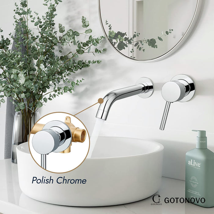 gotonovo Contemporary Bathroom Tub Filler Faucet Single Lever Handle Wall Mounted Long Spout Reach Faucet Solid Brass Rough in Valve Wall Bathtub Faucet