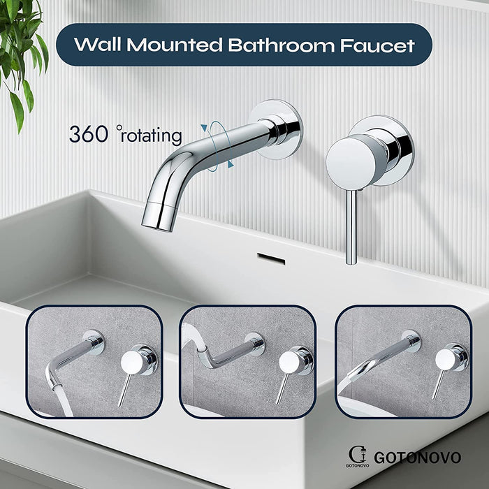 gotonovo Contemporary Bathroom Tub Filler Faucet Single Lever Handle Wall Mounted Long Spout Reach Faucet Solid Brass Rough in Valve Wall Bathtub Faucet