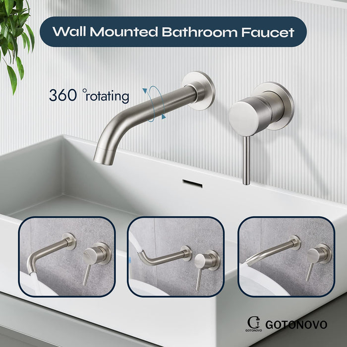 gotonovo Contemporary Bathroom Tub Filler Faucet Single Lever Handle Wall Mounted Long Spout Reach Faucet Solid Brass Rough in Valve Wall Bathtub Faucet