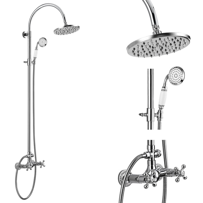 gotonovo Round Shower Head Bathroom Shower Faucet with Telephone Handheld Spray 8 Inch Rainfall Exposed Shower System Dual Function Wall Mounted Double Cross Handles Shower Set