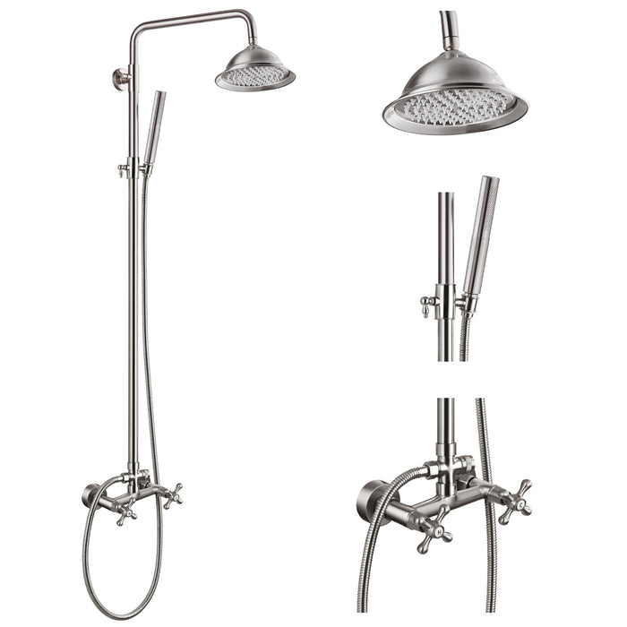 Gotonovo Exposed 8 inch regendouchearmatuur Douchekop Wandmontage Dubbele functies 2 in 1 cilindrische handsproeier met dubbele kruishandgrepen Douchesysteemset