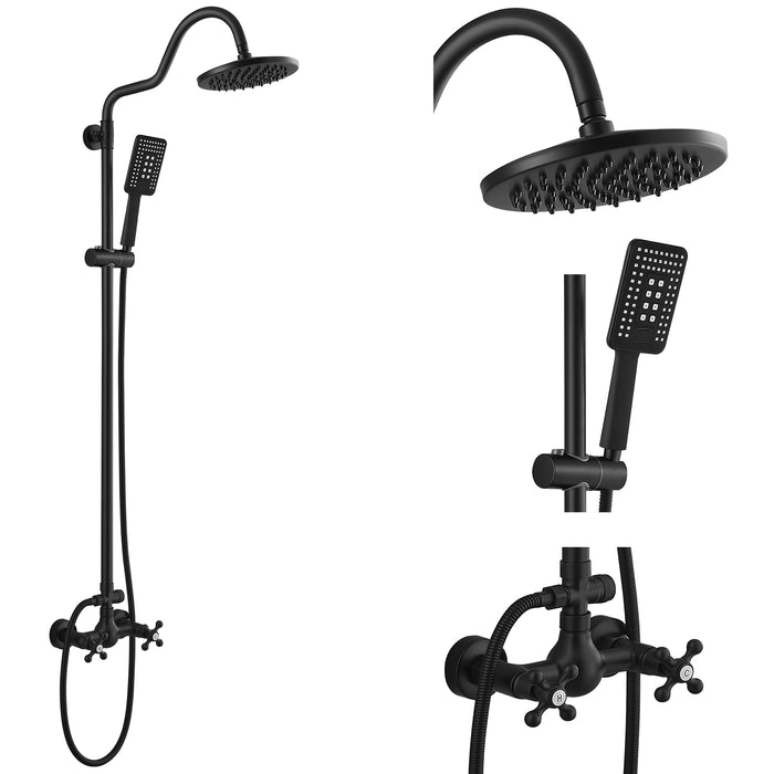 Gotonovo Exposed Shower Faucet Wall Mounted 8 inch Square Rainfall Shower Head Double Cross Handles with ABS Handheld Sprayer Matte black Shower Fixture Set