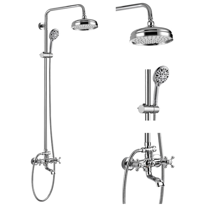 gotonovo 8 Inch Exposed Shower Faucet Round Shower Head Wall Mount with Height Adjustable Slide Bar 8 Modes ABS Handheld Sprayer and Tub Spout Triple Function Shower Fixture